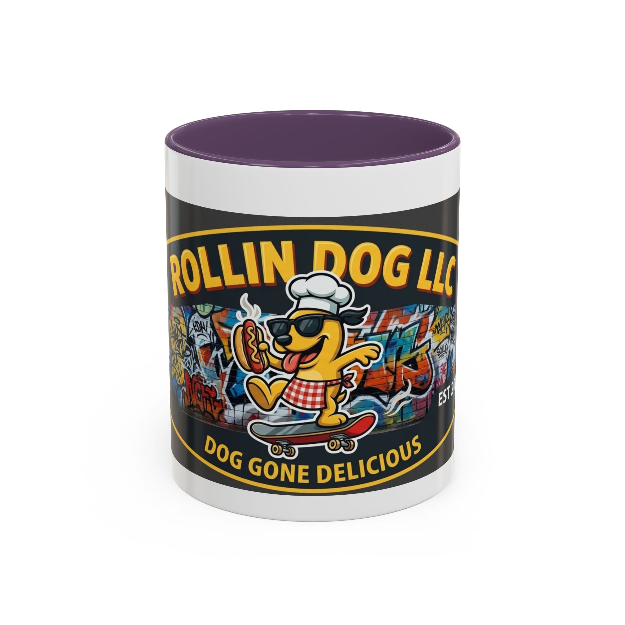 Rolling Dog Coffee Mug — 'Dog Gone Delicious' Skateboard Hot Dog Design