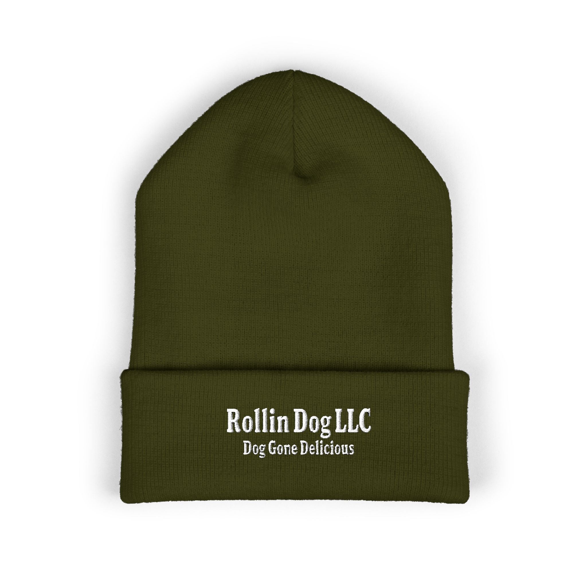 Embroidered Classic White Cuffed Beanie - Rollin Dog LLC Logo