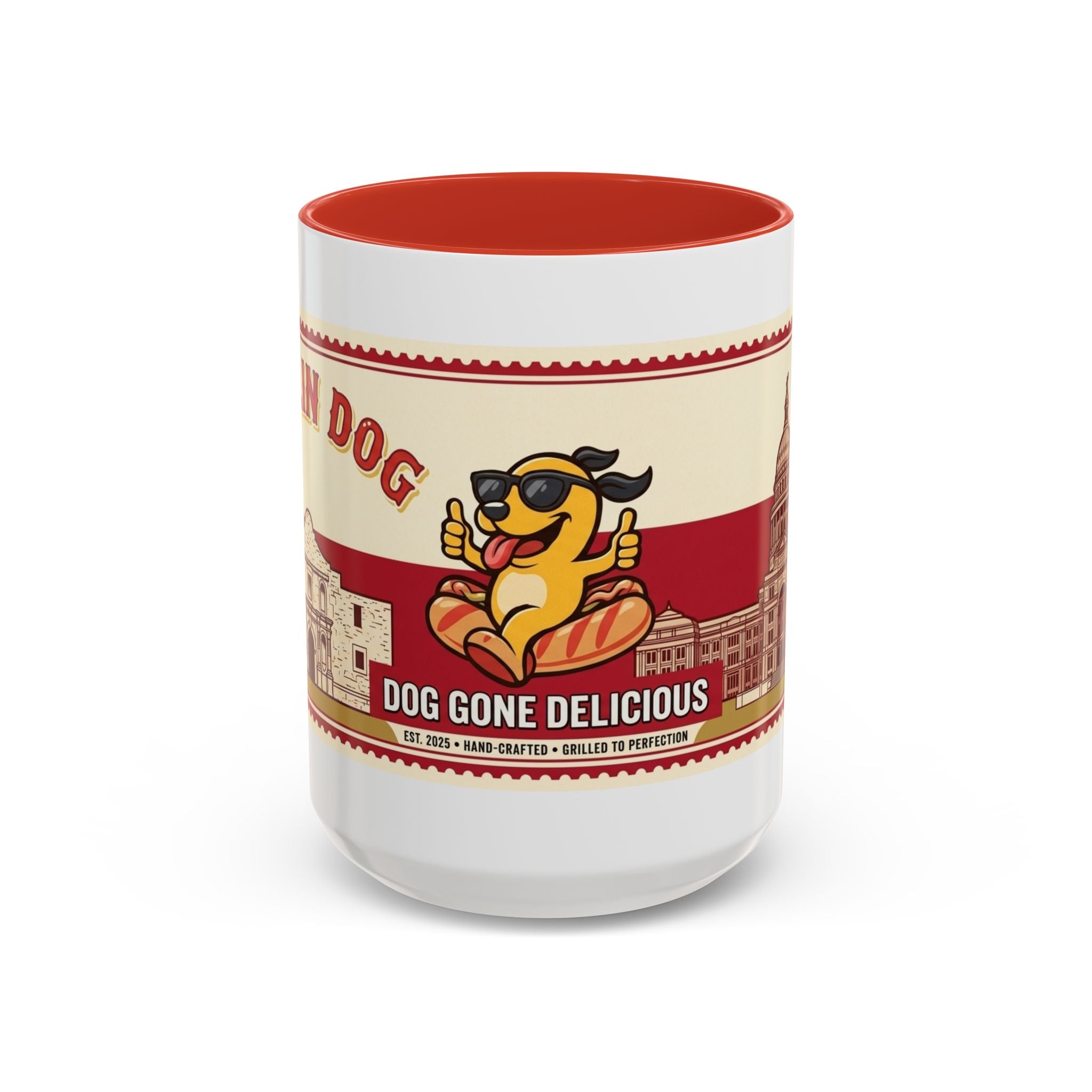 Rollin Dog Coffee Mug — Retro 'Dog Gone Delicious' Hot Dog Design (11/15oz)