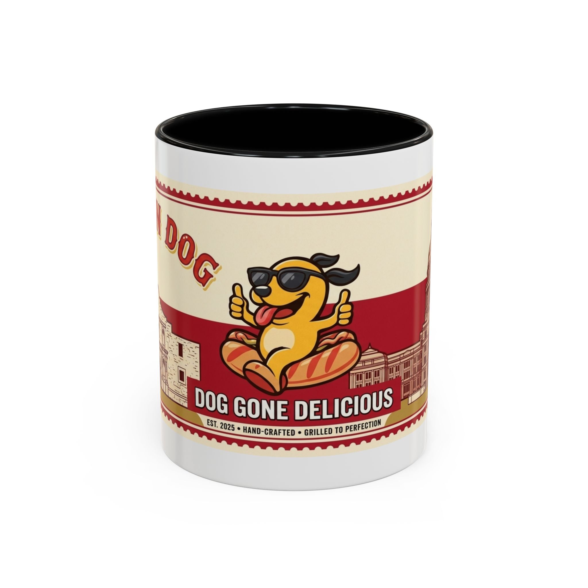 Rollin Dog Coffee Mug — Retro 'Dog Gone Delicious' Hot Dog Design (11/15oz)